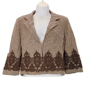 Karen Kane Lifestyle Wool Silk Crop Blazer Embroidered Lace Trim Brown Womens 6